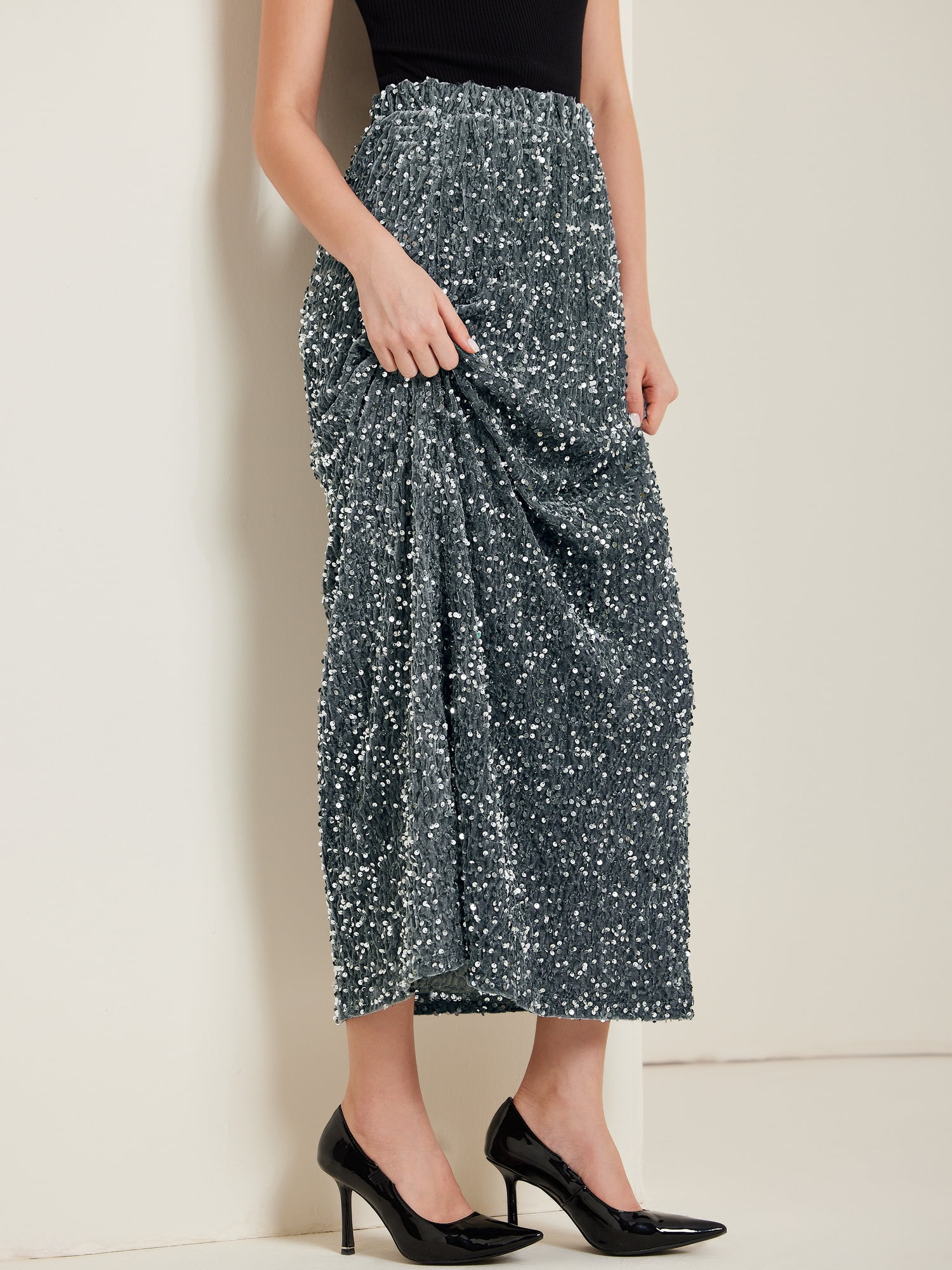 DARING DIVA Women's Sequin Velvet Skirt Sparkle Party Maxi Skirt XL Dark Gray
