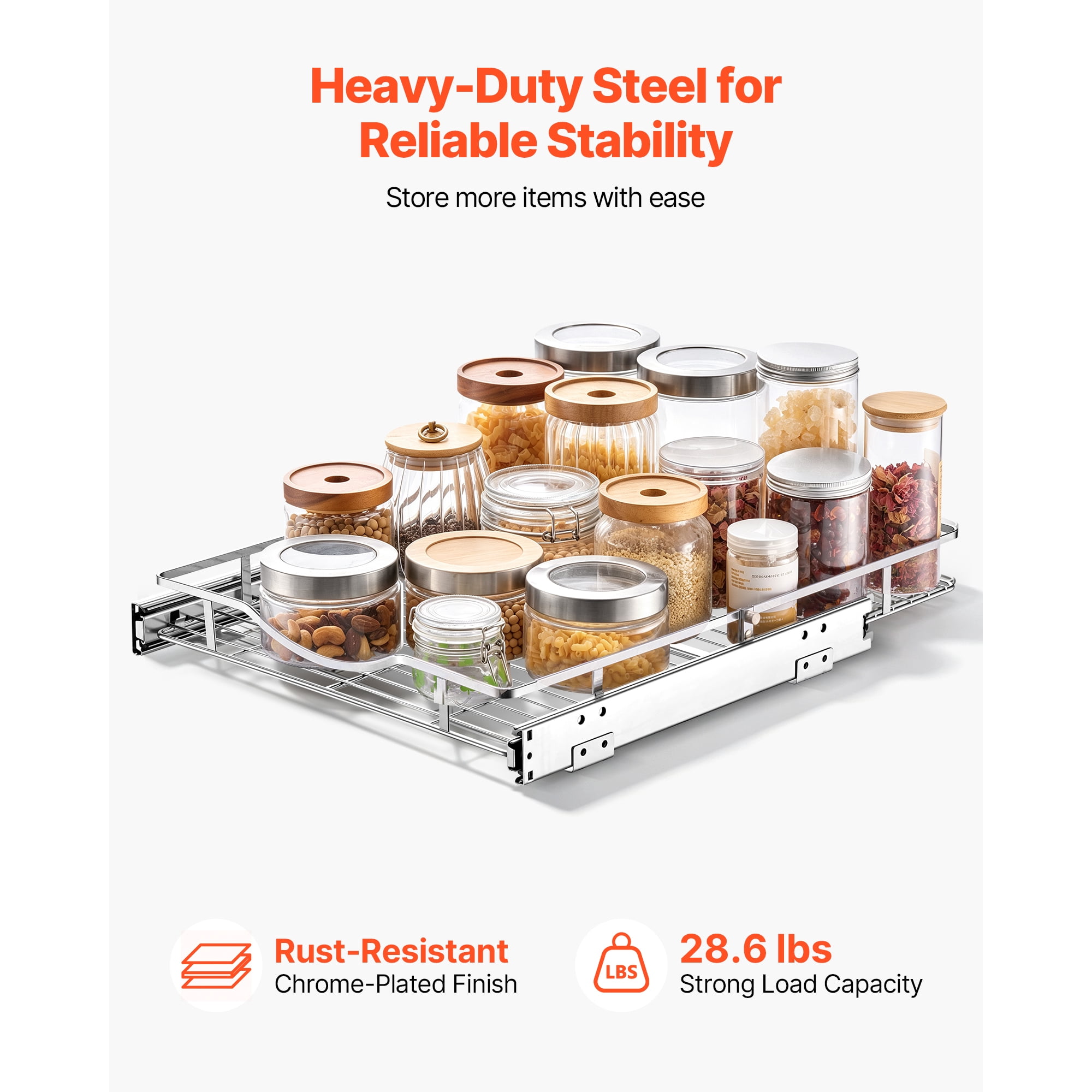 KFFKFF Pull-Out Cabinet Organizer 16.93"W x 21.06"D, Steel Sliding Drawers for Kitchen, Bathroom, Pantry, and Home Storage, Chrome-Plated Finish, Durable Sliding Shelves for Base Cabinets