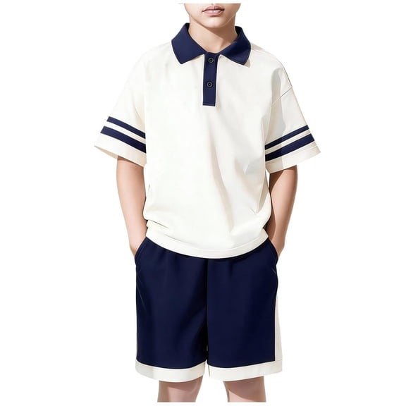 ATOGUTA Boy 2 Piece Outfits Sets Summer Short Sleeve Crew Neck T shirts and Shorts Set Size 4T-16 Teens Summer Cute Clothes Sets Navy