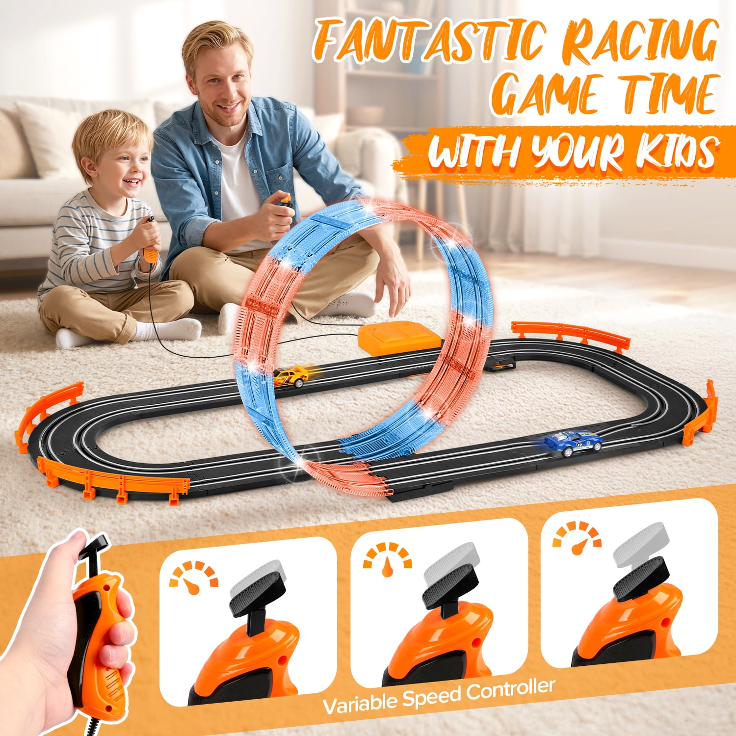 UQN 2-in-1 Slot Car Race Track Set, Electric Race Track for Kids 4-8 with 1:64 High-Speed Racing Car, Dual Racing Game Lap Counter Circular Overpass Flash Tracks, Gifts Toys for Boys Kids age 6-8-12