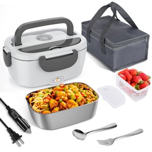 Vabaso Electric Lunch Box 60-80W 12V/24V/110V Portable Food Warmer - 304 Stainless Steel Heated Lunch Box Carry Bag - Car Truck Work