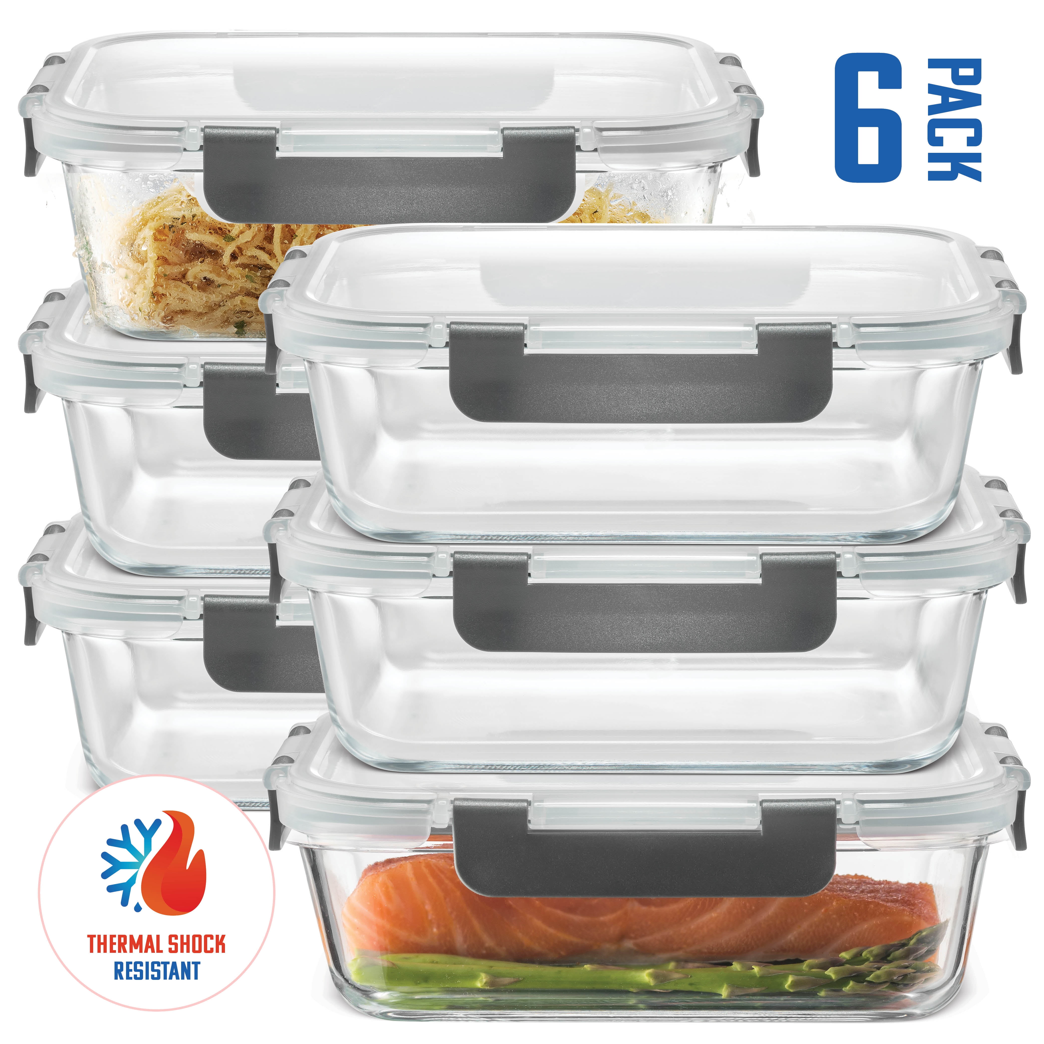Glass food storage containers 6 Pack 35 oz airtight snap locking lid