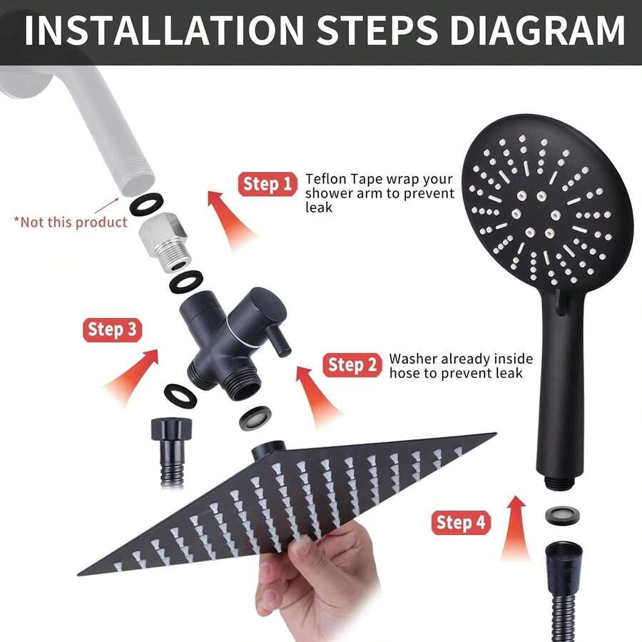 Shower Head Combo,8/10/12" Rain Square Shower Head  With 9 Inch Adjustable Extension Arm And 3 Settings Handheld Spray,150cm Long Hose