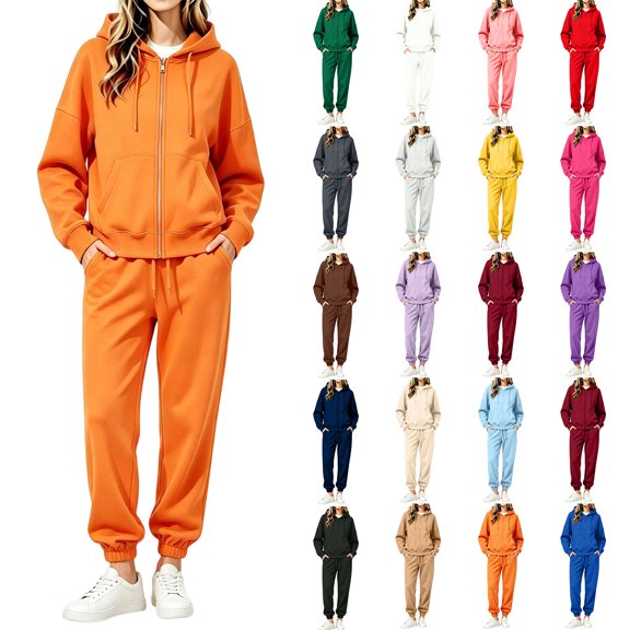 Womens Fleece Sweatsuits Sets Fall Winter Full Zip Solid Color Hoodies Casual Long Jogger with Drawstring Cute Sweatshirt and Sweatpants Athletic Clothing Sets Pink M