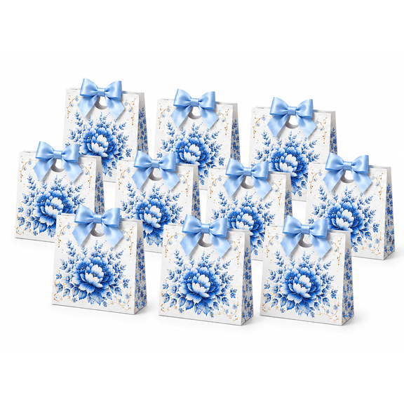 10 Pack Blue White Floral Gift Bags with Ribbon Handles, 7.9 x 3.5 x 7.1 in, Bridesmaid Wedding Party Favor Bags for Bridal Shower Birthday Gift Wrap
