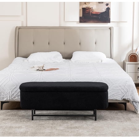 Boucle Storage Bench for Bedroom Upholstered Storage Ottoman Bench with Metal Stand Modern Bench for Bedroom with Storage Teddy End of Bed Bench for Living Room/Entryway/Bed Side 43 Black