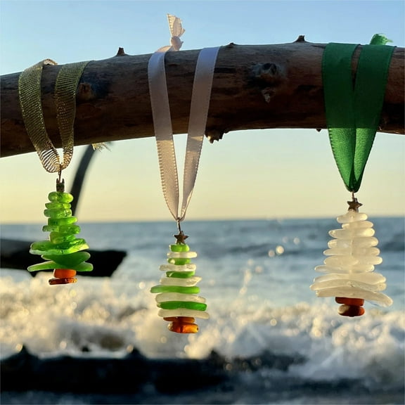 Dserfhy Sea Glass Christmas Tree Ornament Sea Glass Tree Resin Craft Ocean Beach Xmas Hanging Ornament for Home Collection Holiday Decoration