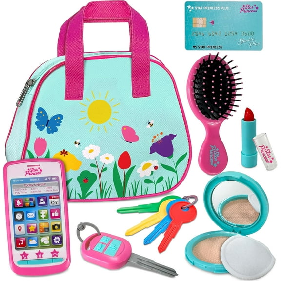 Play Purse for Toddlers with Accessories, Toddler Girl Toys 1 2 3 Years Old with Pretend Makeup, Keys, Smartphone, Toddler Toy Purse for Little Girls - Birthday Gift for Toddlers Girls Ages 2-3 - Blu