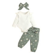 Genuiskids Newborn Infant Baby Girls 3PCS Romper Long Sleeve Plain Ribbed Snap Romper Daisies Ruched Long Pants with Belt Bow Headband 0-24M