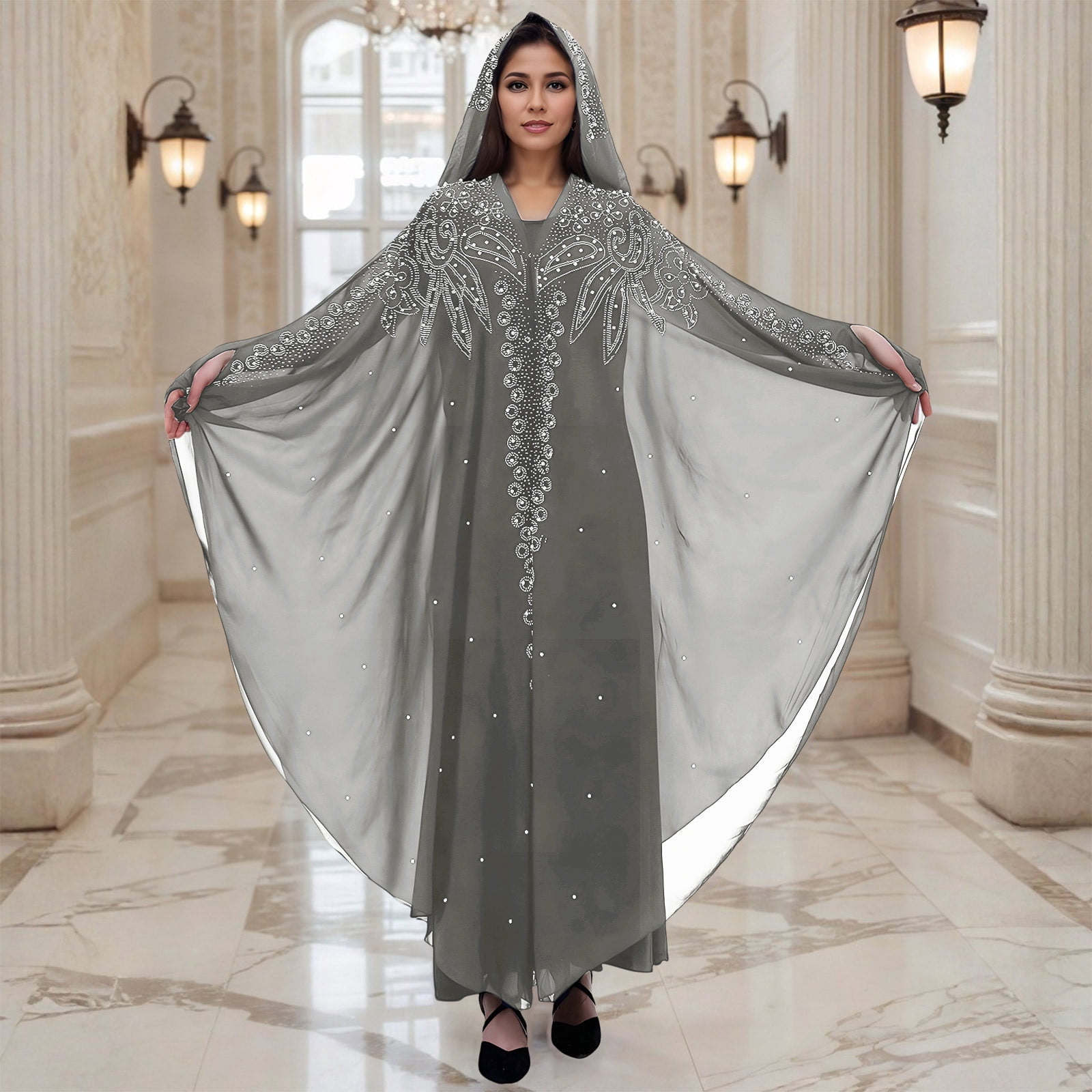 Long Sleeve Shirts for Women, Muslim Dress for Women Loose Batwing Sleeved Hooded Beaded Embroidery Long Abaya Dress Kaftan Abayas Islamic Robe