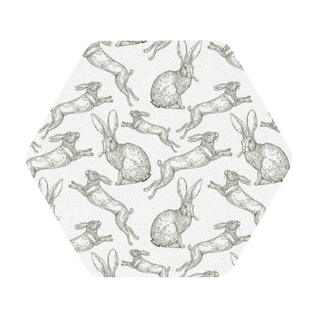 

Coaee Hand Drawn Rabbit Print Leather Coasters Set of 6 Non-Slip Washable Cup Coasters for Home Office Bar Hexagon
