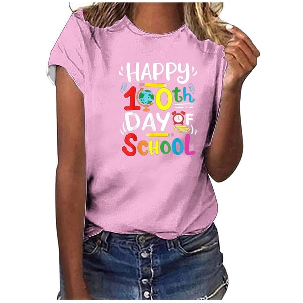Camiseta de Profesor de Mujeres, 100 Días Feliz de la Escuela Imprimir Carta de Manga Corta para el Uso Casual Y de Fiesta, la Enseñanza Tee de Moda Temática