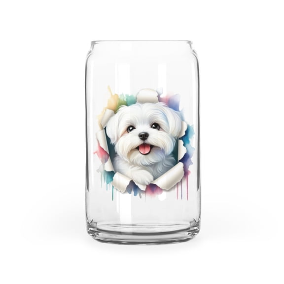 Funny Watercolor Adorable Maltese Peeking Through Torn Paper Effect 16oz Glass Cup Mug Maltese Dog Lover Gifts Idea Glass Can - 00026