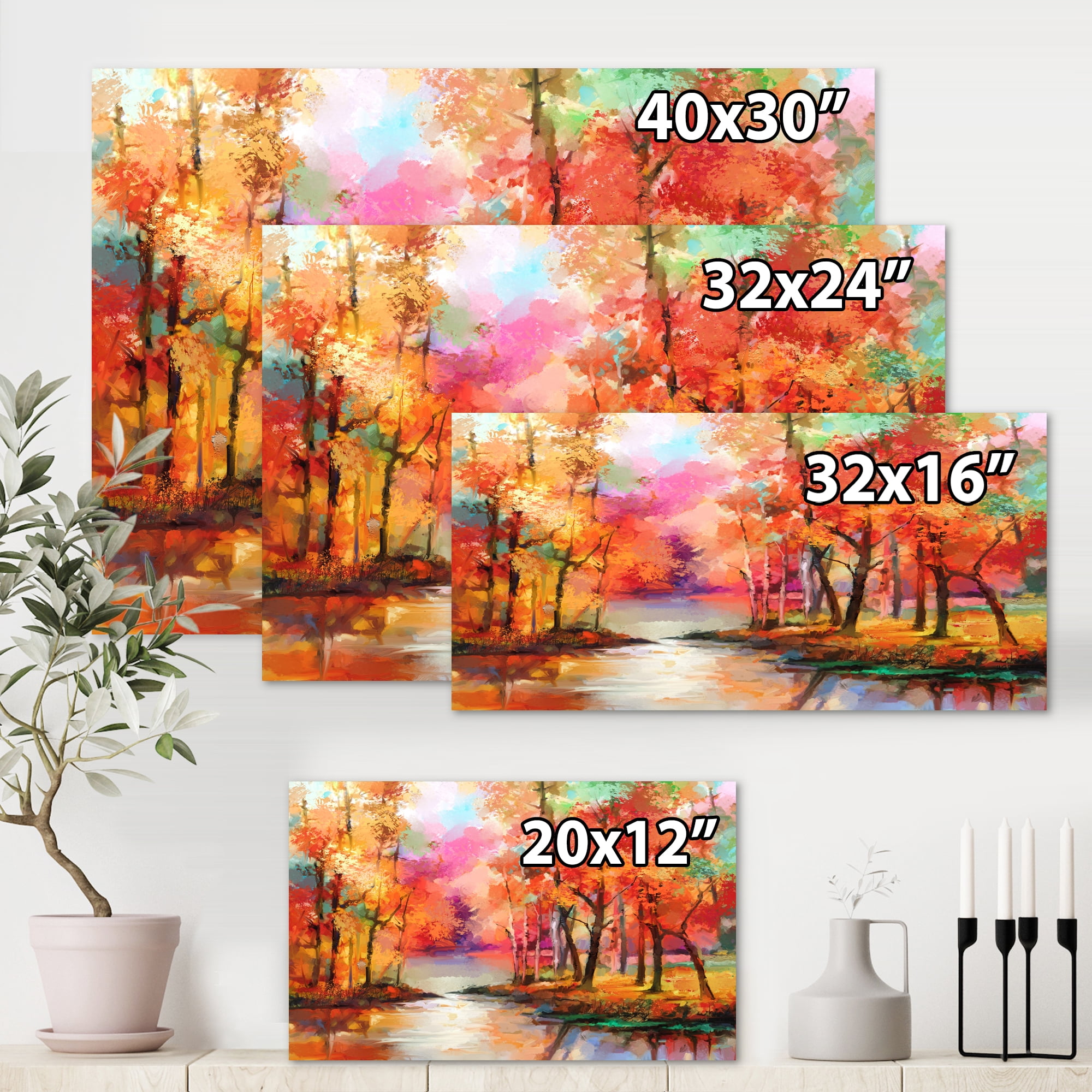 Designart ' The Lake In Autumn By Colorful Autumn Trees ' Modern Canvas Wall Art Print