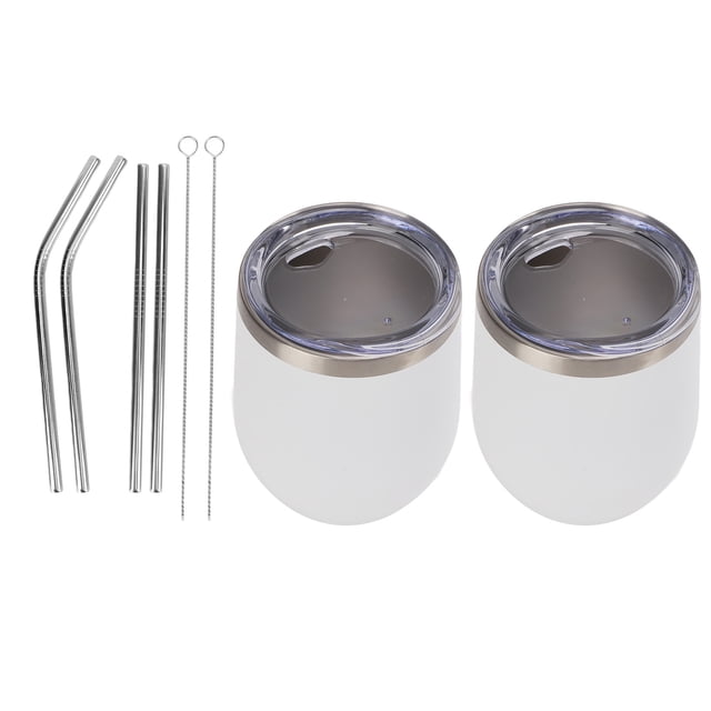 Copa de vino aislada con tapas y pajitas, 2 vasos de acero inoxidable de doble pared con aislamiento al vacío, taza aislada de cáscara de huevo, confiable y duradera