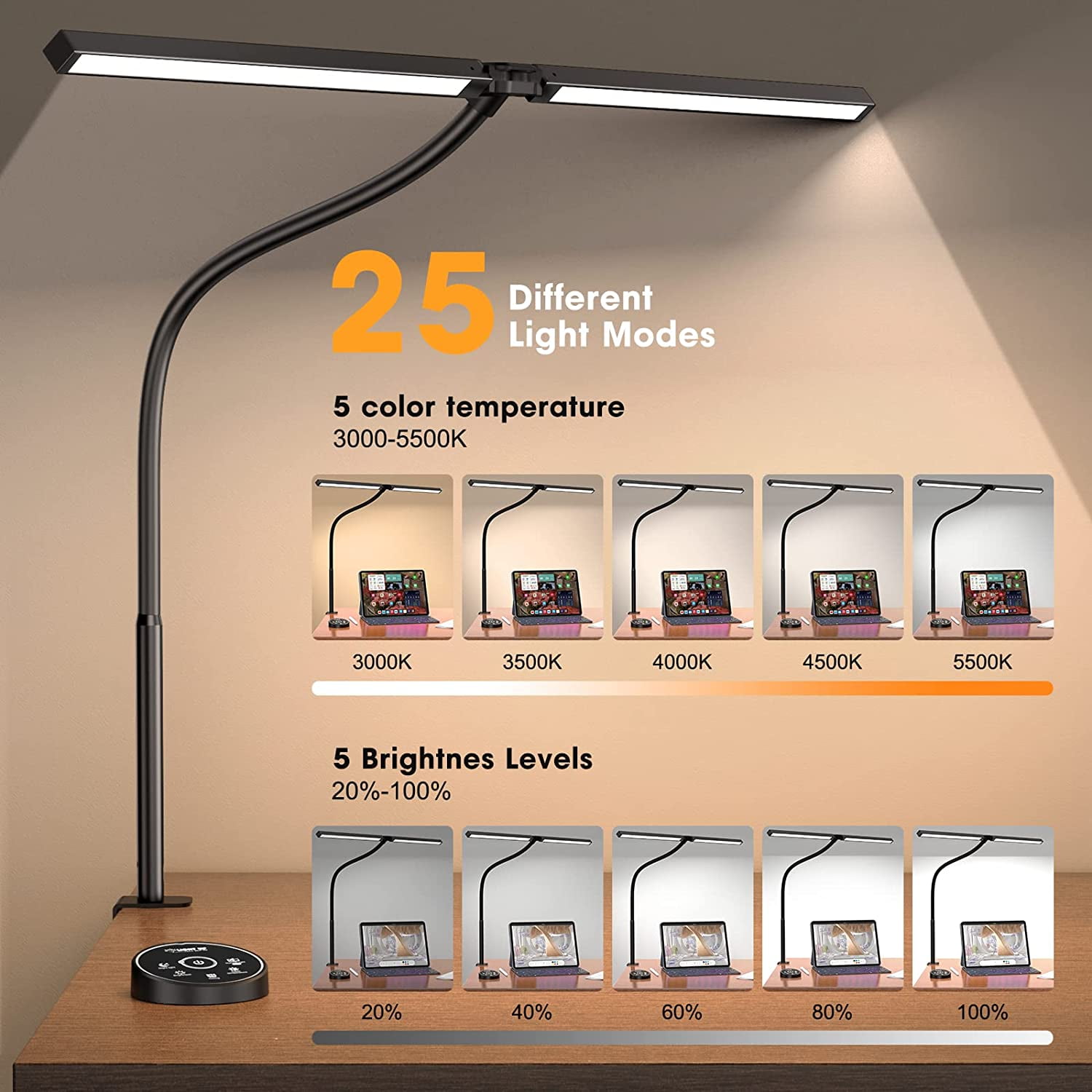 SZRSTH LED Desk Lamp for Home Office - 24W Architect Table  Lamp with Clamp Adjustable Head Stepless Dimming Work Light