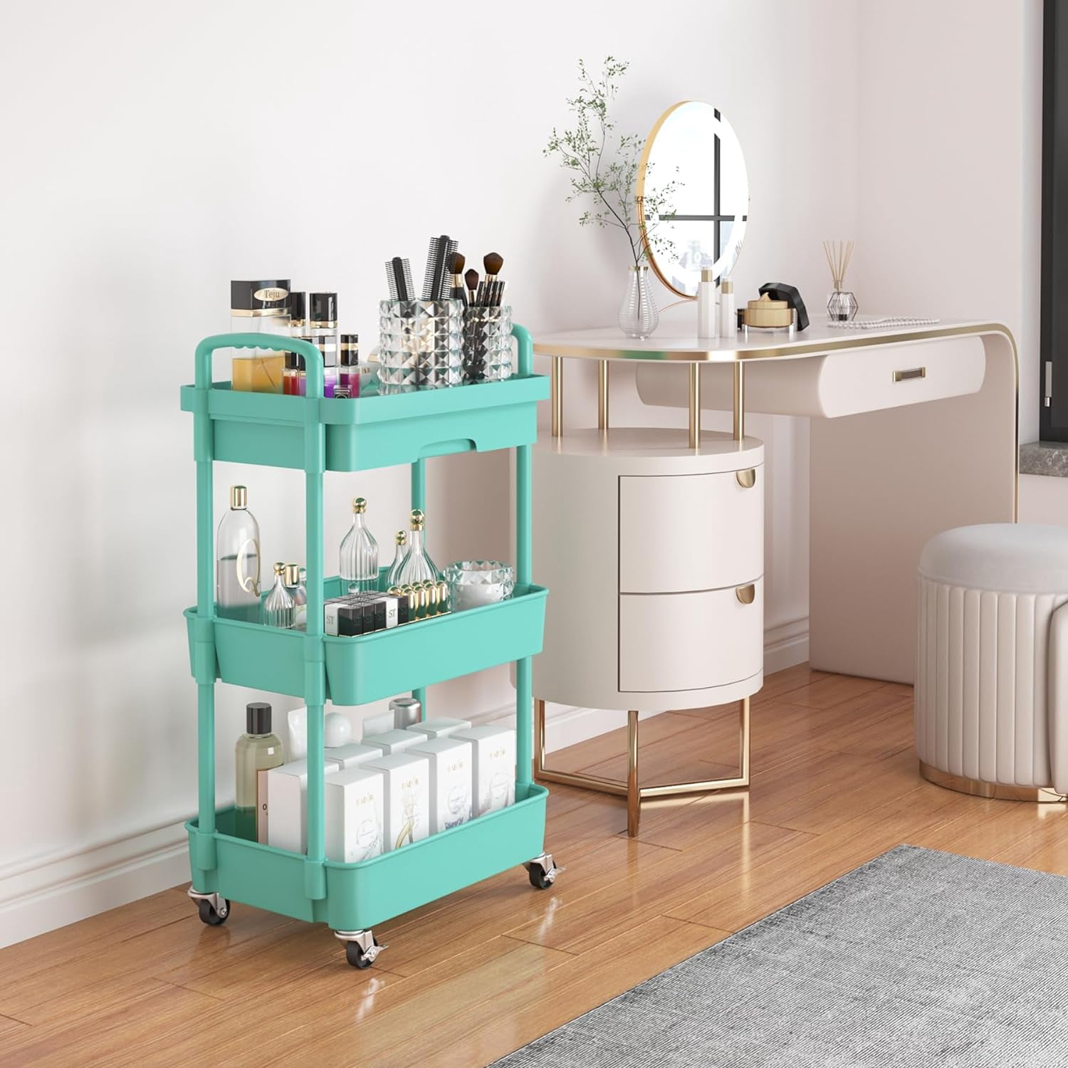 3-Tier Rolling Utility Cart with Drawer,Multifunctional Storage Organizer with Plastic Shelf & Metal Wheel,Storage Cart for Kitchen,Bathroom,Living Room,Office,Green