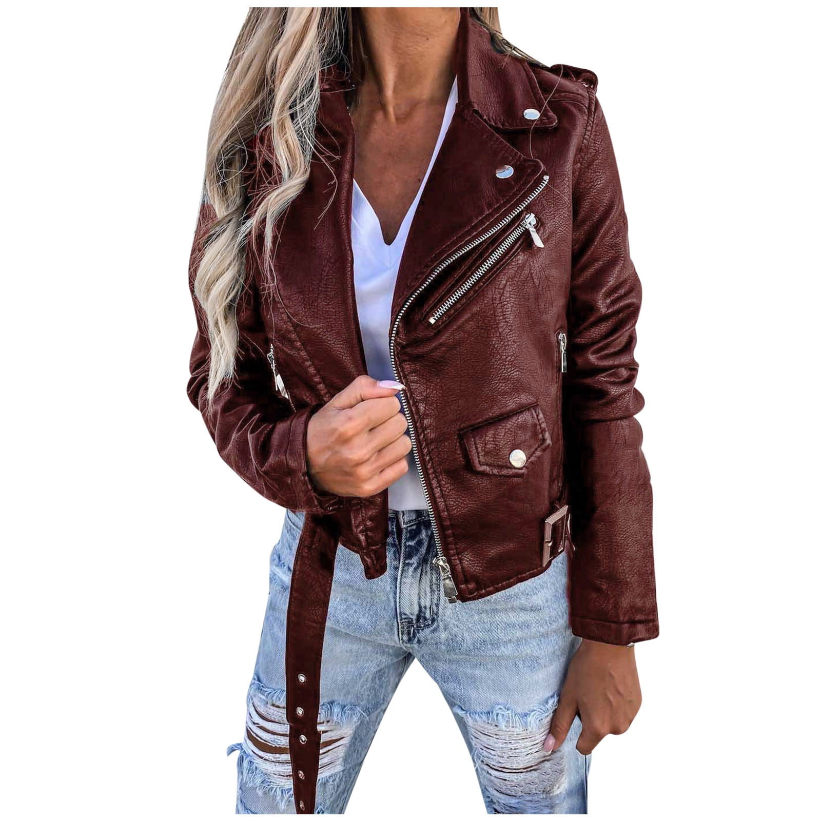 QATAINLAV Mothers Day Gifts! Womens Cropped Faux Leather Moto Jacket Casual Short Zip-up Slim Biker Coat with Belt Fall Winter Long Sleeve Outwear Red M
