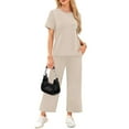 thumbnail image 6 of RPVATI Two Piece Sets for Women Going Out Summer Vacation Travel Outfits Business Short Sleeve Round Neck Tops Wide Leg Crop Pants Beach Lounge Matching Sets Beige L, 6 of 6