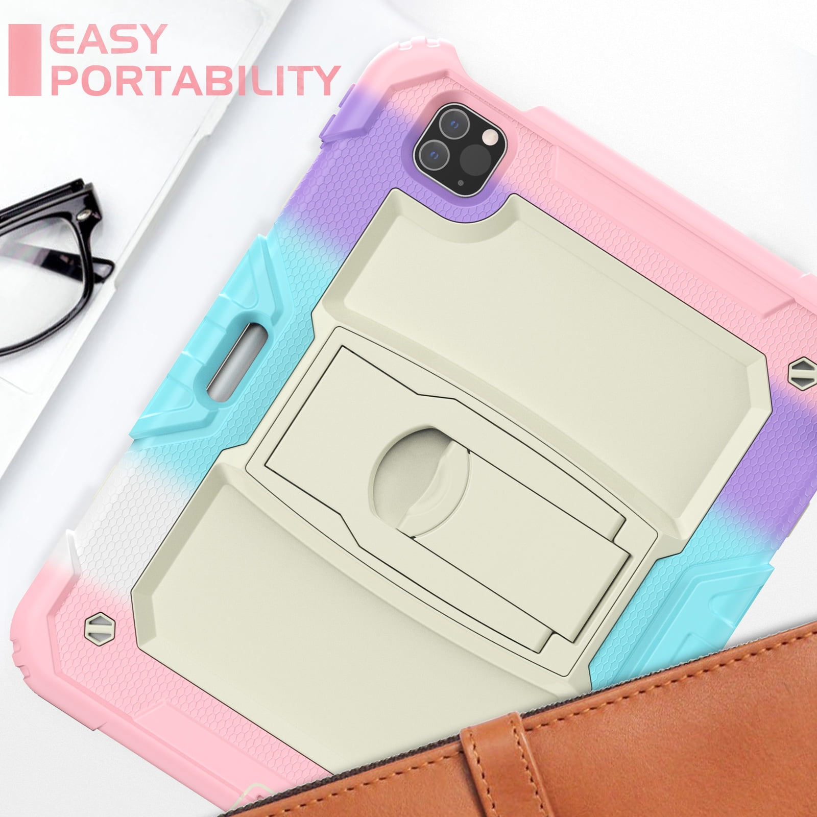 Allytech Shockproof Case for Apple iPad Pro 12.9 Inch 2022/2021/2020/2018(6th/5th/4th/3rd Gen) with Pencil Holder, Rugged Kickstand Shoulder Strap Kids Case with Screen Protector,Colorful Pink