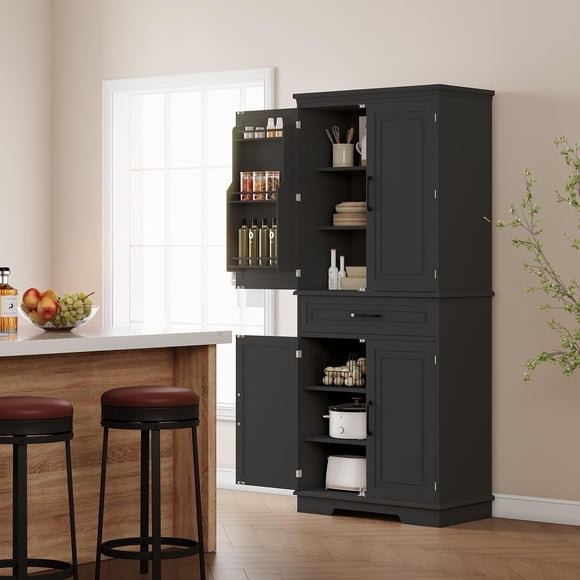 Kojooin Mueble de Almacenamiento de Cocina Elegante Despensa de 72" con Cajones y Estantes para Puertas, Negro