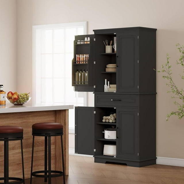 Kojooin Mueble de Almacenamiento de Cocina Elegante Despensa de 72" con Cajones y Estantes para Puertas, Negro