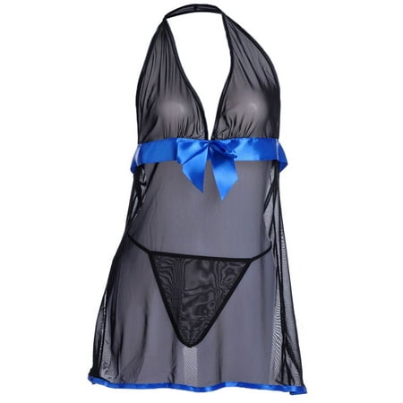S/M Fit Black with Blue Shiny Ribbon Trim Halter Neck Style Negligee