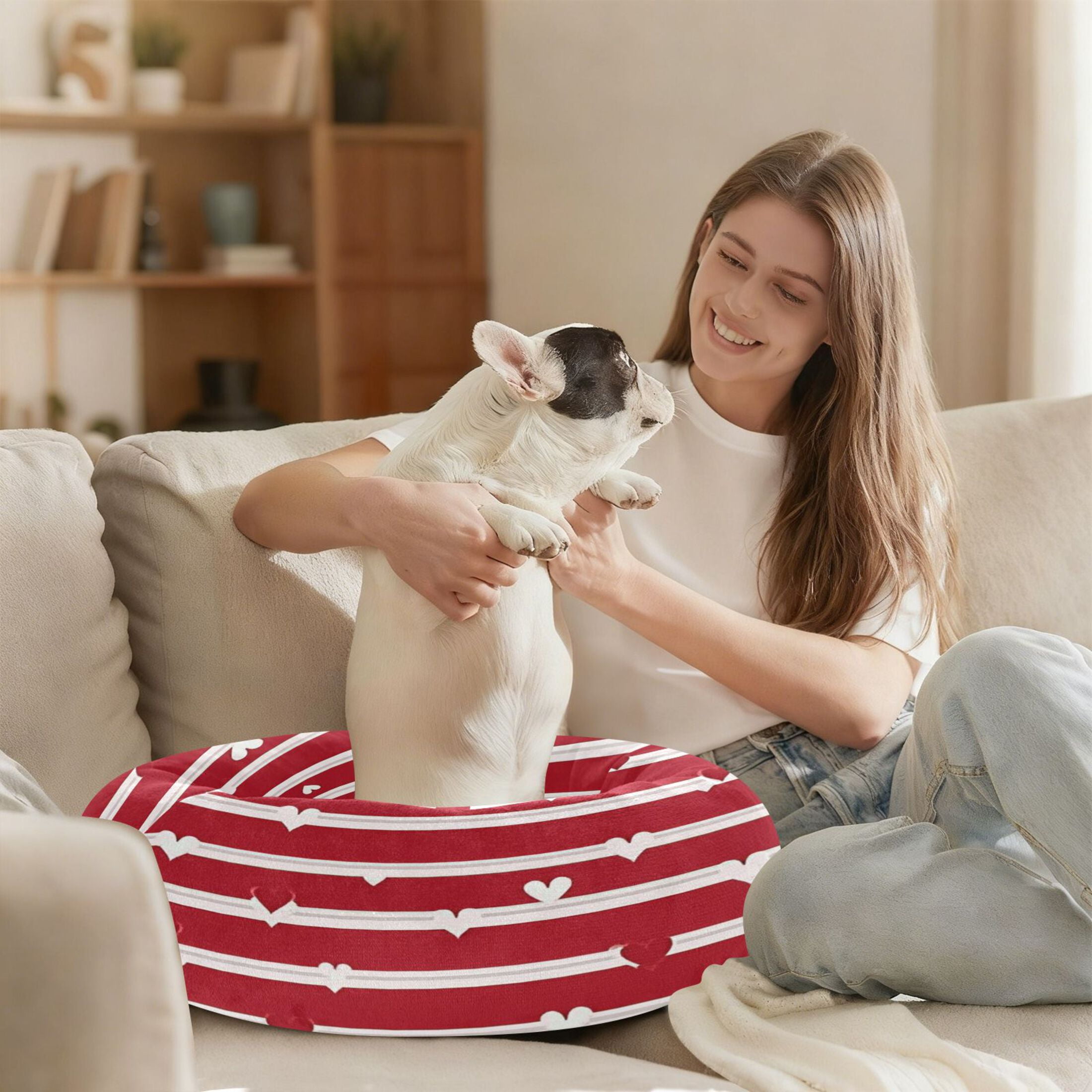 Iauyy Pet Couch Donut Cat Bed for Indoor Cats/Small Dogs Washable & Machine with Non-slip Bottom Calming Cat Furniture, Red and White (M)