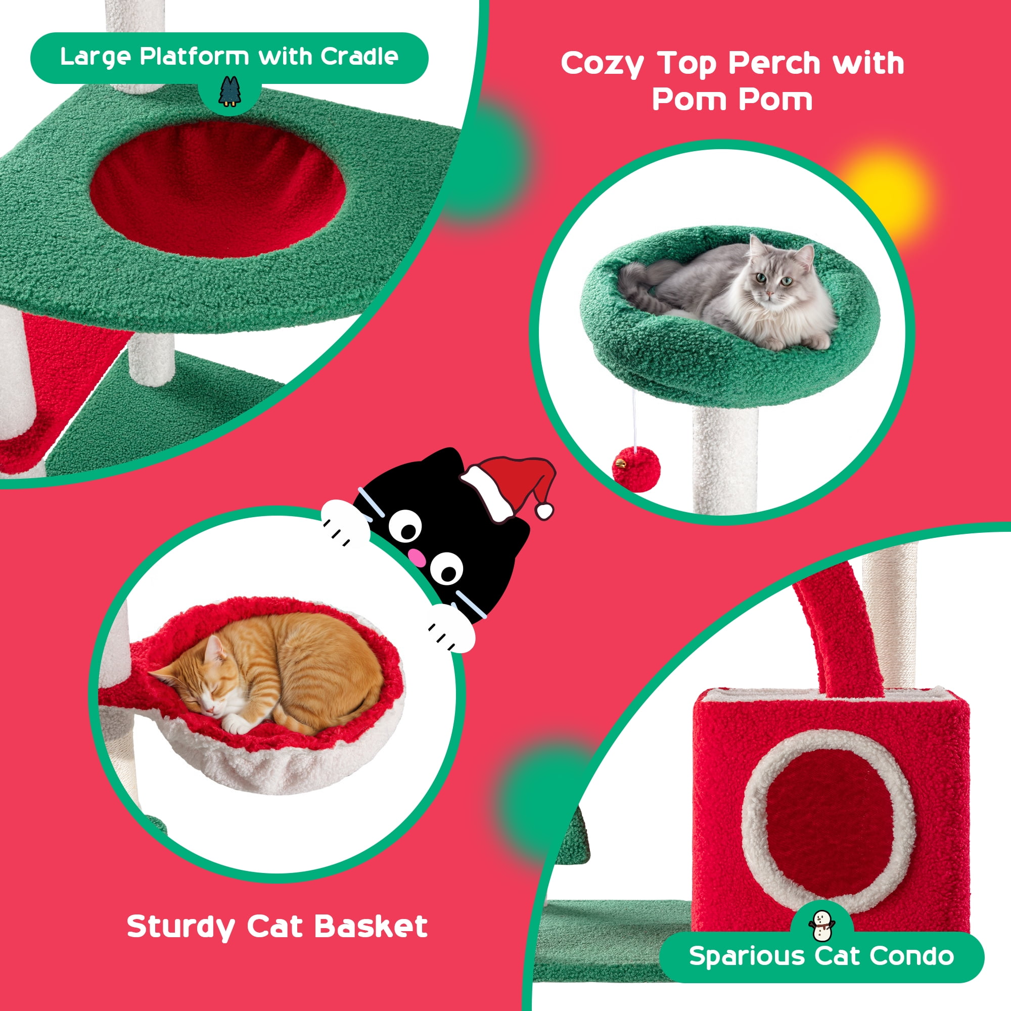 Amolife 67" Large Cat Tree and Tower, Christmas Condo House with Stair & Scratching Posts for Indoor Cat, Red & Green