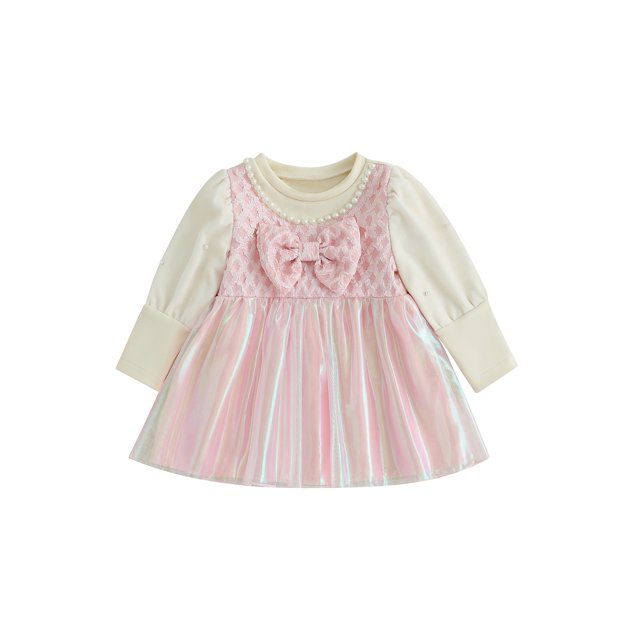 xiaxaixu Robe d'Automne pour Bébé Fille, Robe à Manches Longues Col Rond Perles Nœud Patchwork Robe Trapèze pour Fête Quotidienne