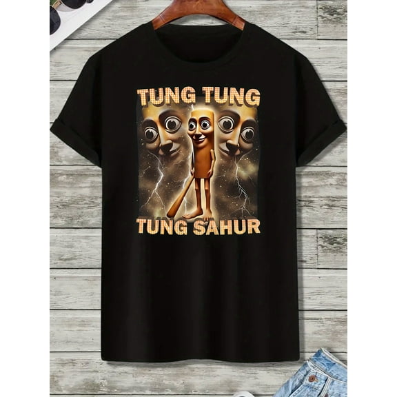 Men'S Funny Baseball Bat T-Shirt - "Tung Tung Tung Sahur" Cartoon Design, Black Short Sleeve Crew Neck, Casual Summer Tee for Adults, Humorous Gift Idea, Casual Attire Tee | Cartoon Graphic Tee