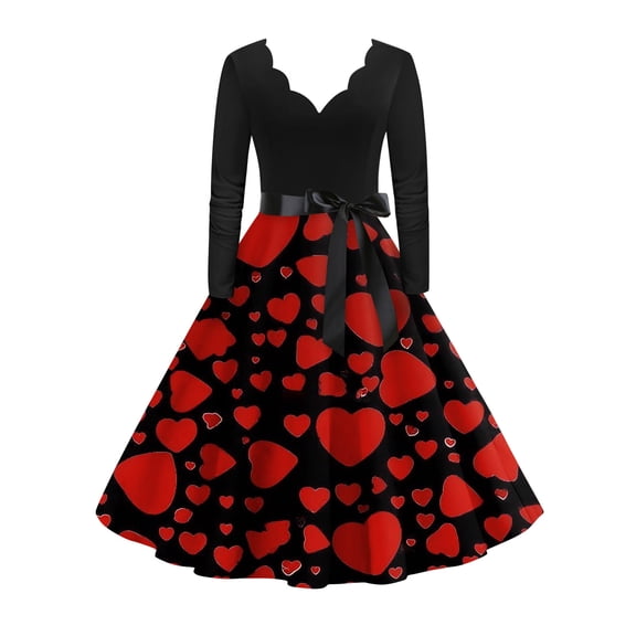 Valentine's Day Dresses for Women Long Sleev Vintage Floral Print V-Neck A-Line Cocktail Party Dress with Belt Red M