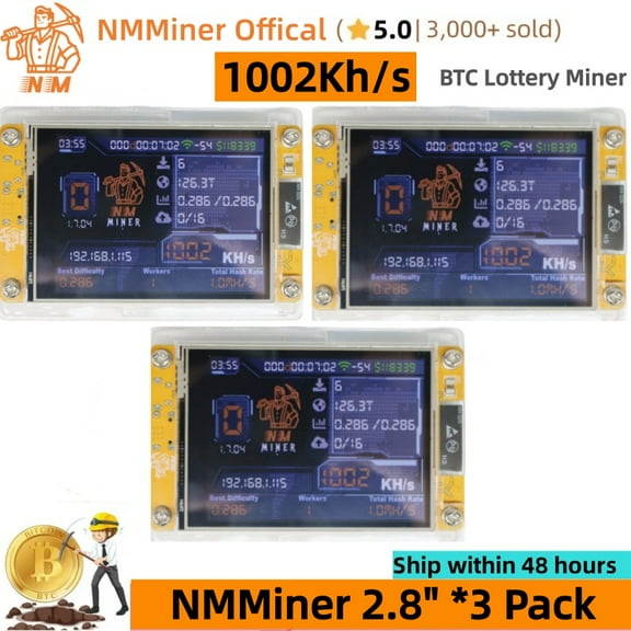 BTC Miner 1002Kh/s NMMiner NM-2.8" NerdMiner V2 BTC Solo Miner ESP32 Bitcoin Lottery Mining Mini SHA-256 Crypto Lotto Machine Gift (3 Pack)