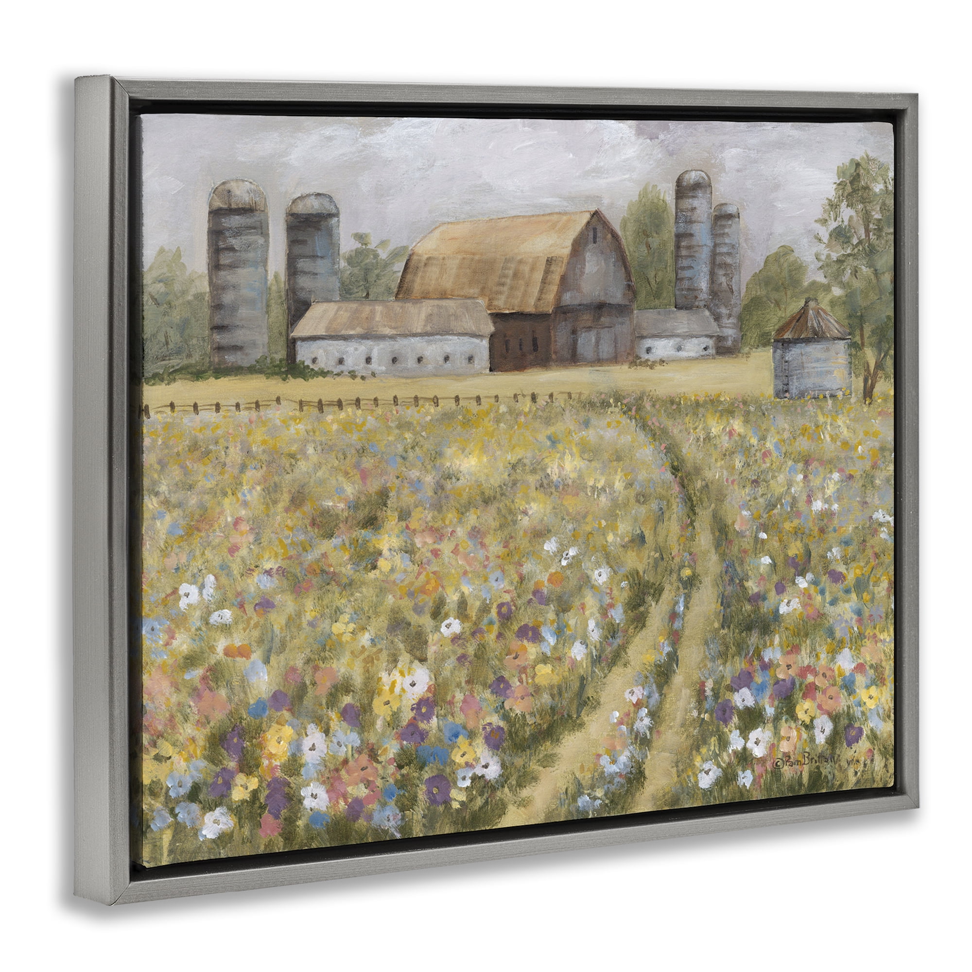 Stupell Industries Meadow Path to Barn Landscape Painting Gray Floater Framed Canvas Art Print Wall Art, 21 x 17