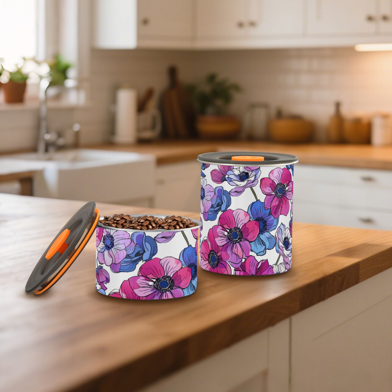 Anemone Flower Pink & Purple Airtight Coffee Bean Canister 30oz Food Storage Containers with Lids For Gournd, Tea, Sugar, Flour, Rice, Cereal, Candy Cookie Jar