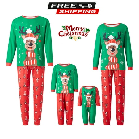 

ESASSALY Christmas Pajamas For Family Elk Print Long Sleeve Tops and Stretch Casual Pants Sleepwear