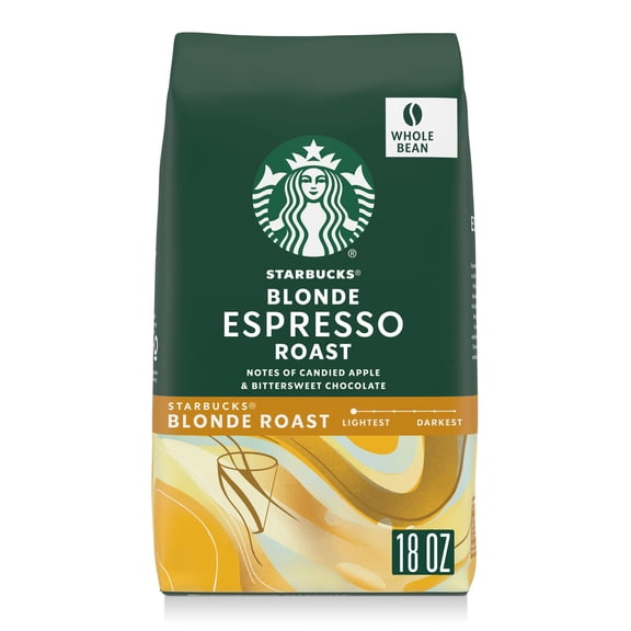 Starbucks Blonde Espresso Roast, Whole Coffee Bean, Blonde Roast Hot or Iced Coffee, 18 oz