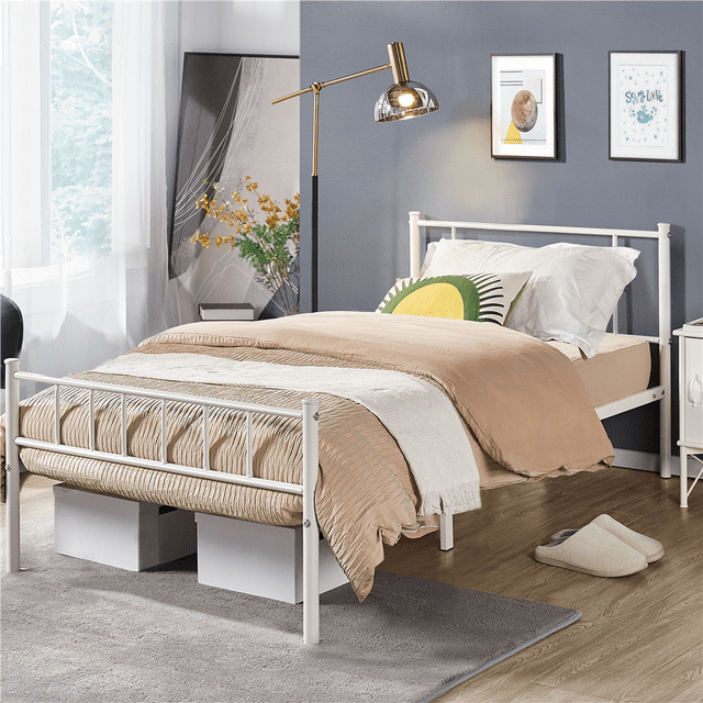 Yaheetech Lit Plateforme en Métal de Base avec Tête de Lit et Pied de Lit, Simple, Blanc