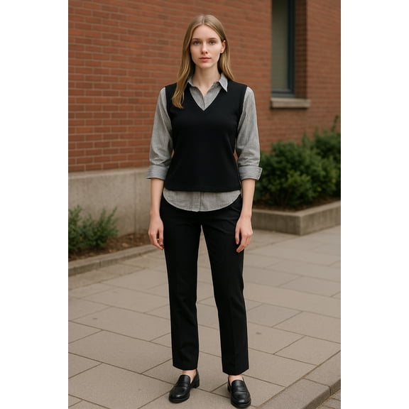 Grey and Black wearing a layered outfit, v-neck sweater vest over a patterned collared shirt.