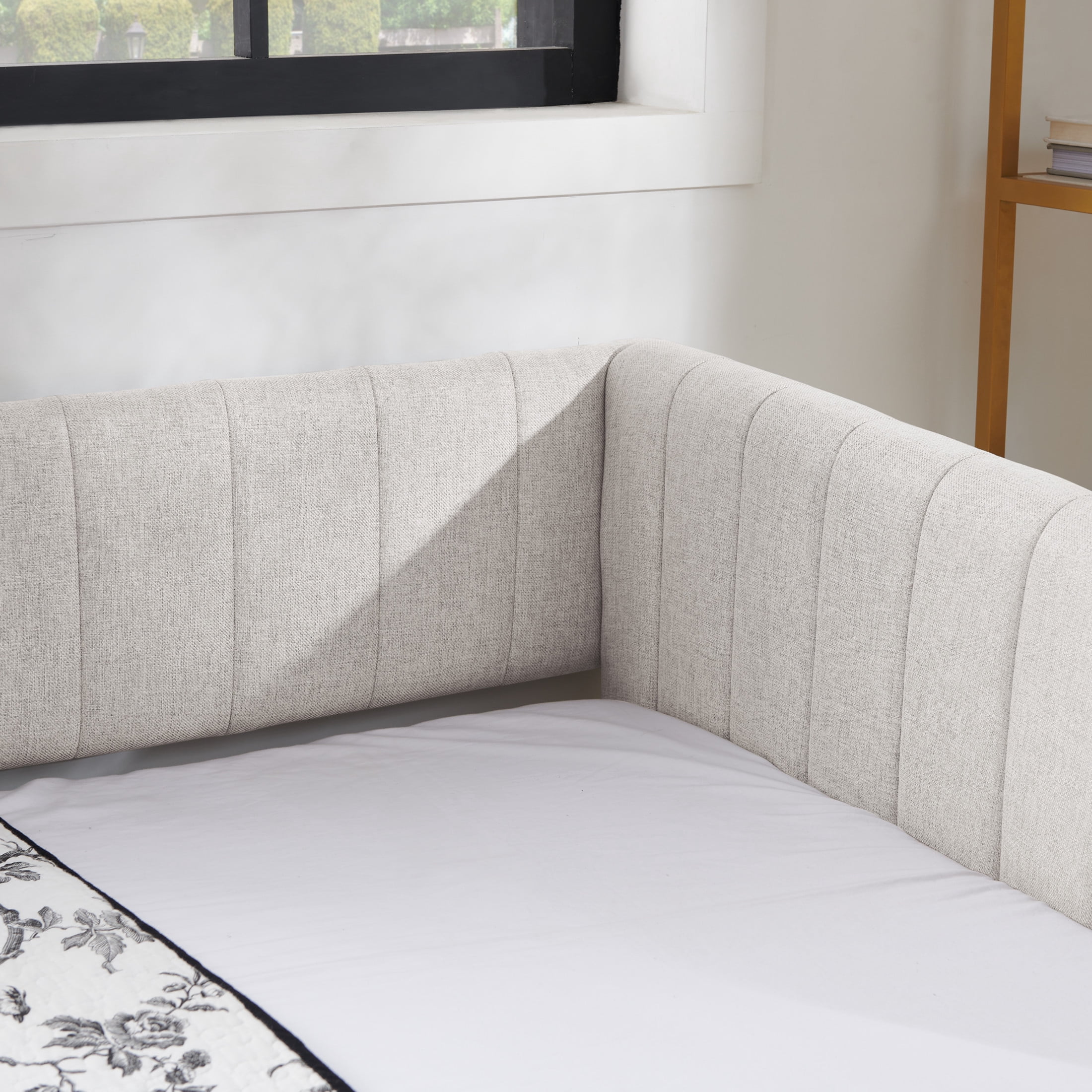 Noble House Marcel Twin-Size Daybed, Vertical Striped Breathable Linen Upholstered Sofa Bed with Hidden Trundle, Beige