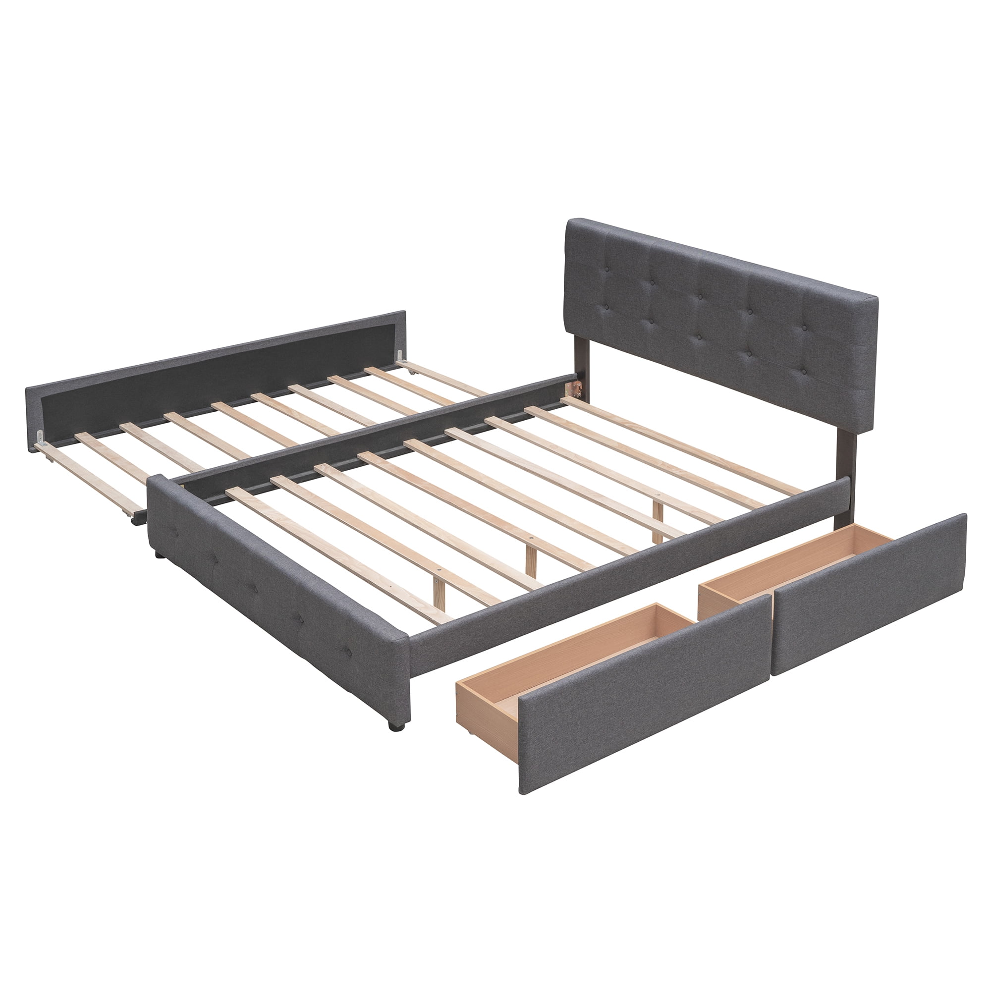 Aukfa Queen Upholstered Platform Bed with Twin XL Trundle and 2 Storage Drawers, Linen Fabric Tufted Headboard & Footboard, Drak Gray