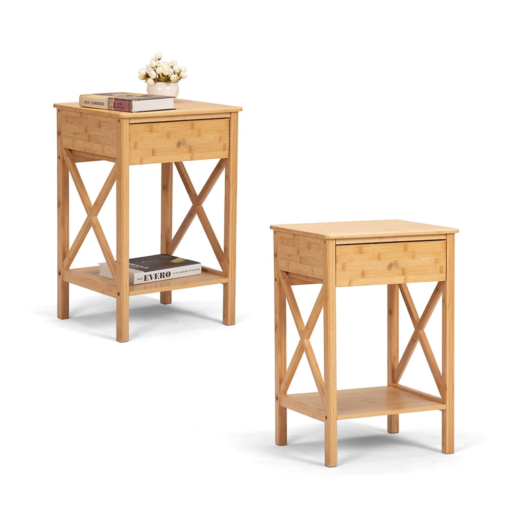 Resenkos Set of 4 Farmhouse Bamboo Nightstand, Wood End Table with Drawer and X-Side Shelf,Natural
