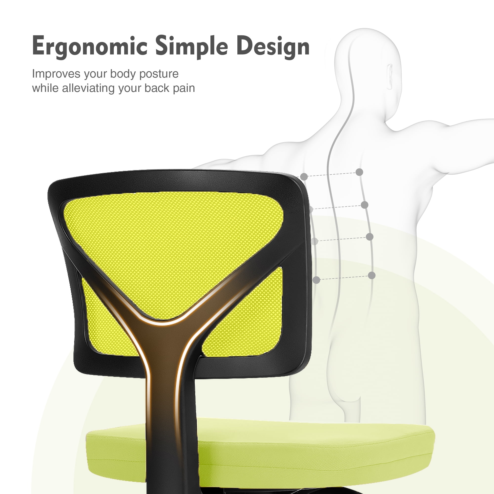 edx Home Office Desk Chair, Armless Mesh Computer Chair for Small Space, Swivel Adjustable Low Back for Teens/Adults, Green