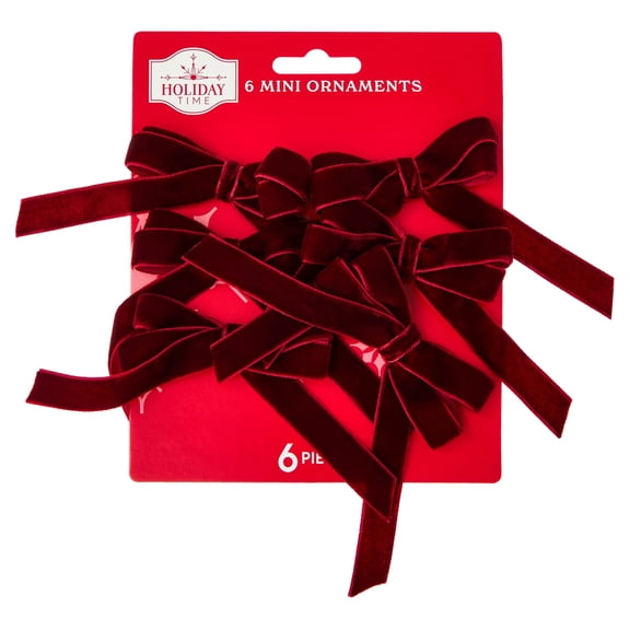 6-Count Dark Red Velvet Bow Mini Christmas Ornaments, 3", by Holiday Time