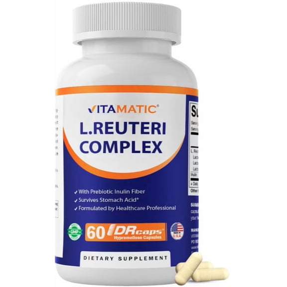Vitamatic Lactobacillus Reuteri Complex - 22 Billion per DR Capsule - 60 Count - Digestive Support - Made with Prebiotic Inulin Fiber
