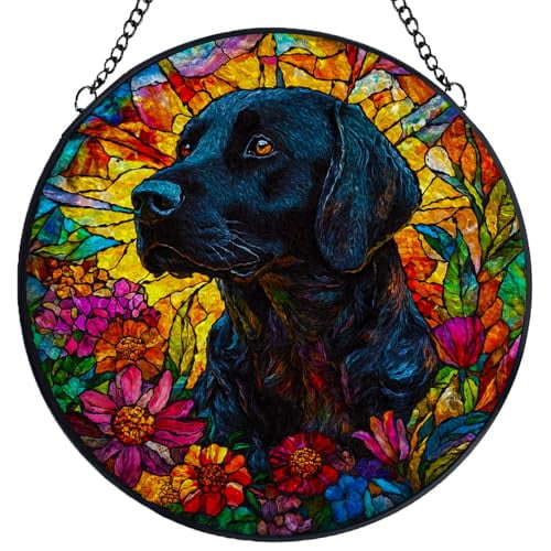 Stained Glass Suncatcher Panel Black Labrador Retriver Dog Handmade Glass Wingdow Hanging Suncatcher Ornaments Crafts Kits for Memorial and Garden Indoor Decor 6.3"-2