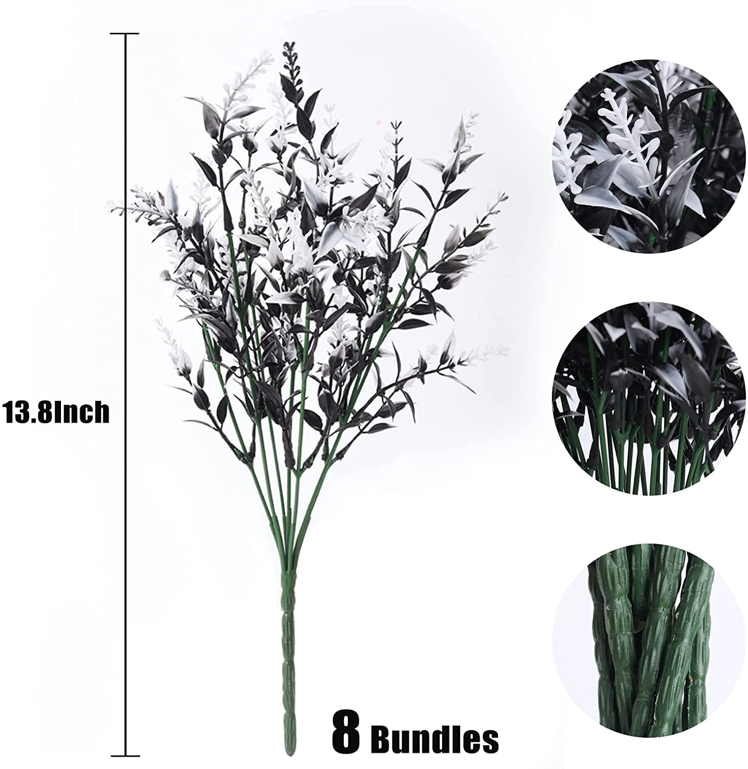 RECUTMS Artificial Lavender Flowers 8 Bundles Outdoor UV Resistant Fake Flowers Plastic Plants for Home Decor(Black+White)