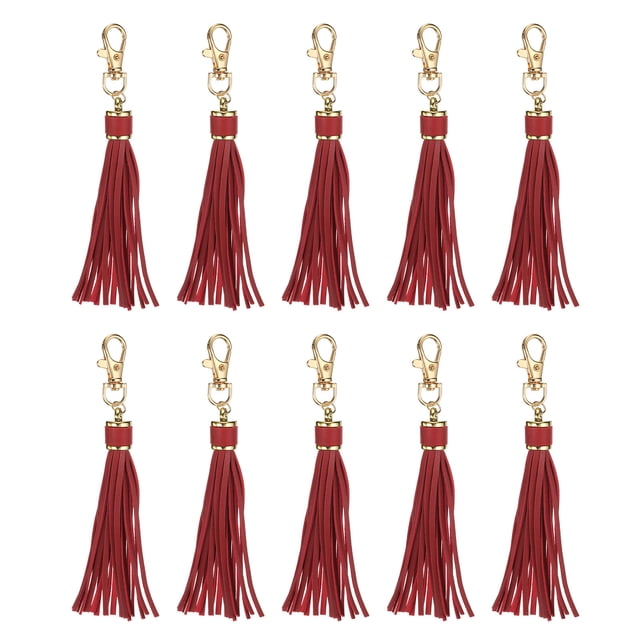 10pcs Borlas de Cuero PU, 6" Borla de Llavero con Gancho Giratorio para Hacer Joyería (Rojo Vino)