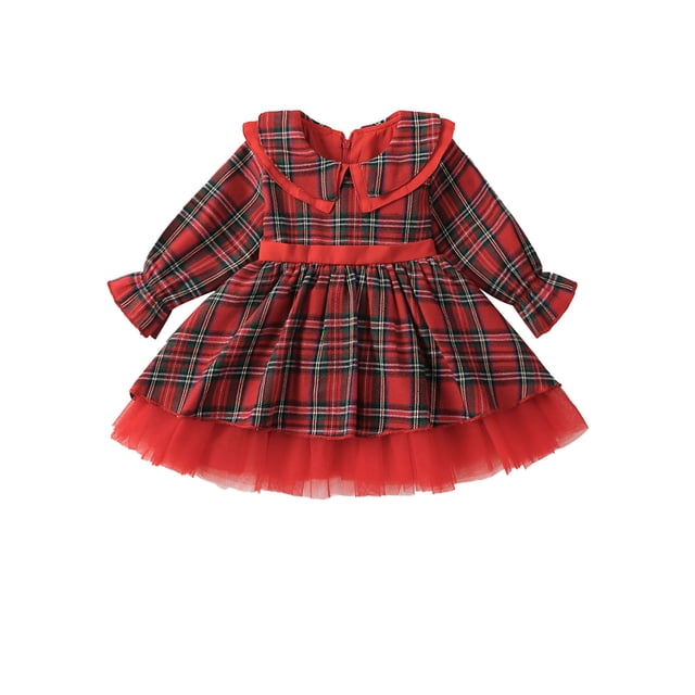 ZAXARRA Robe à Carreaux pour Filles Tout-Petits Manches Longues de Noël Col Poupée Tulle Patchwork Robe Ligne A Vêtements Automne Hiver