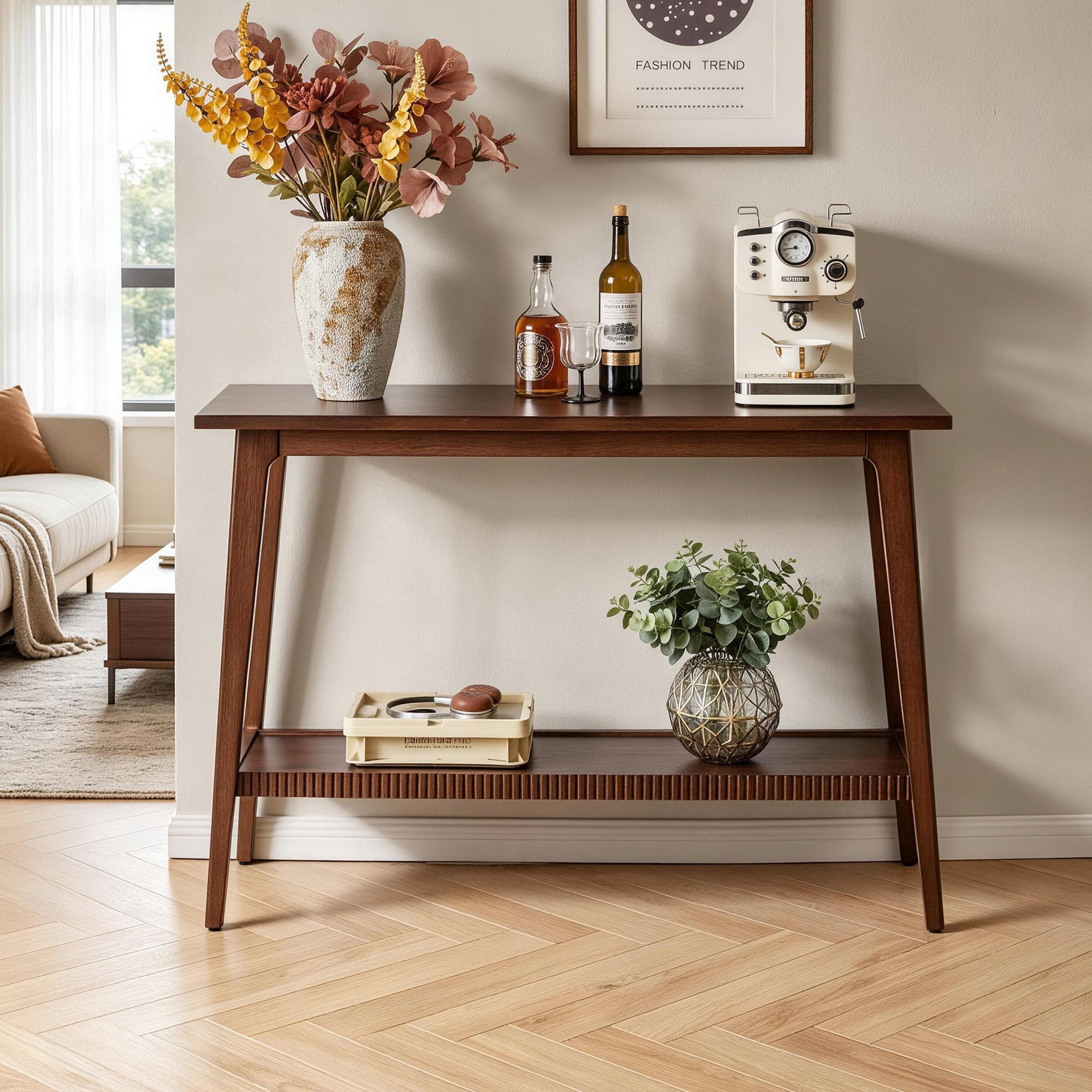 GARITIN Solid Wood Console Table, 2-Tier Entryway Sofa Table, Narrow Long Hallway Accent Table with Storage Shelf, Sofa Side Table for Living Room Foyer, Walnut